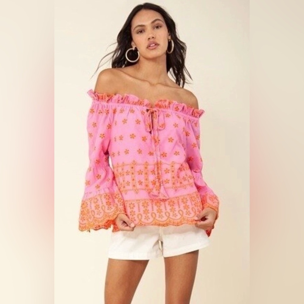Hale Bob Pink and Orange Off-Shoulder Shirt